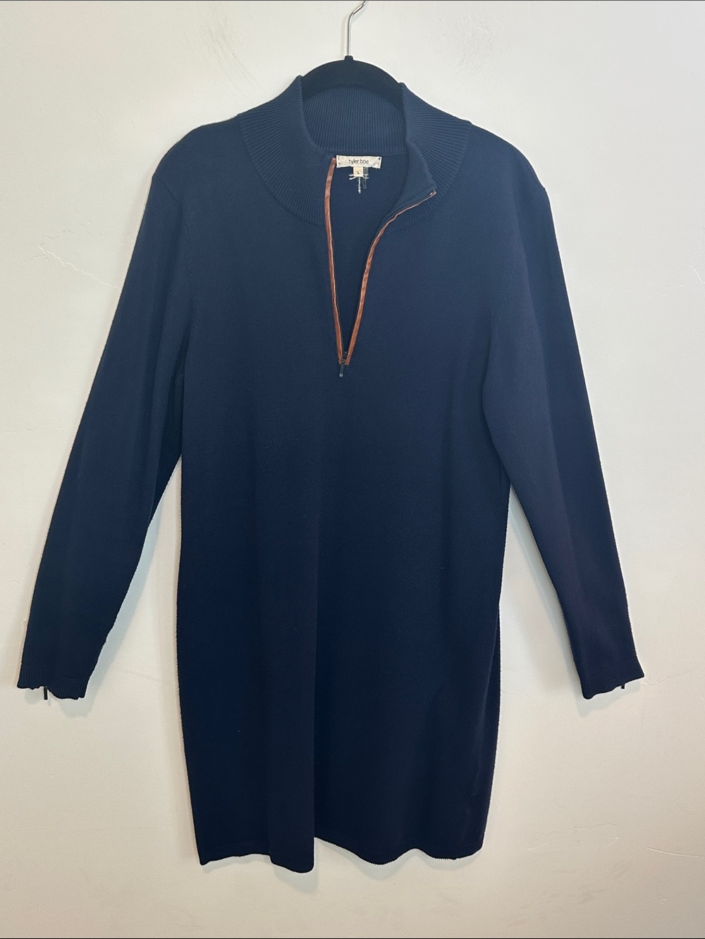 Tyler Boe Navy Half-Zip Sweater Dress with Brown Trim Size Large